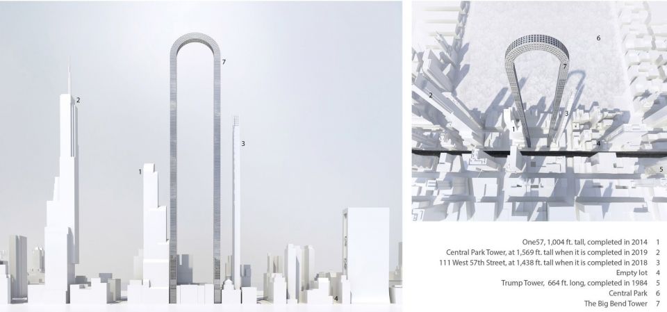 Большой изгиб - проект самого длинного здания в миреВ последнее время в Нью-Йорке реализовано множество проектов небоскребов, в значительной степени изменивших горизонт города. Архитектурные тенденции городских зданий сводятся к строительству высоких, сверкающих, стремящихся к небу высоток, и новые проекты таких абсолютно типичных строений появляются чуть ли не каждую неделю. В 2017 году архитектурная студия Oiio, чьи офисы расположены в Нью-Йорке и Афинах, сделала проектное предложение, которое выгодно отличается от десятка других небоскребов. Они предлагают построить действительно концептуальное здание, в котором предпочтение будет отдаваться не высоте, а длине постройки.Результатом работы архитекторов является концепт здания, которое в Oiio назвали The Big Bend («Большой сгиб»). Если бы проект пошел в реализацию, это стало бы самым длинным зданием в мире. Его дизайн напоминает смесь Gateway Arch в Сент-Луисе и нечто из фильмов франшизы Blade Runner. Если считать, что любой из нью-йоркских небоскребов должен выделяться на фоне небосвода, то эта концепция стремится не впечатлить высотой, а «рассказать хорошую историю».Основатель архитектурной студии Oiio, Иоаннис Оиконому, утверждает, что архитекторы «должны проявить врожденные эмоции города» при проектировании новых высоток. Концепция Big Bend направлена на то, чтобы бросить вызов парадигме построения прямых как свеча небоскребов. Она поднимает вопрос эстетических потерь Нью-Йорка при подобном подходе. Своей работой архитекторы надеются в корни переломить ситуацию.Согласно проекту здание планировалось расположить на 57th Street, к югу от Центрального парка, недалеко от ряда многоэтажек, которые в настоящее время находятся в стадии строительства (53 West 53rd Street, 111 West 57th Street, Central Park Tower).